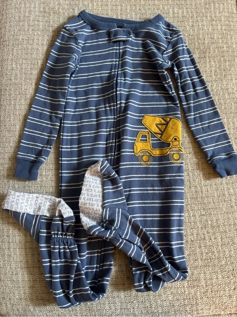 Carter's Navy and White Striped Footed One-Piece with Yellow Truck